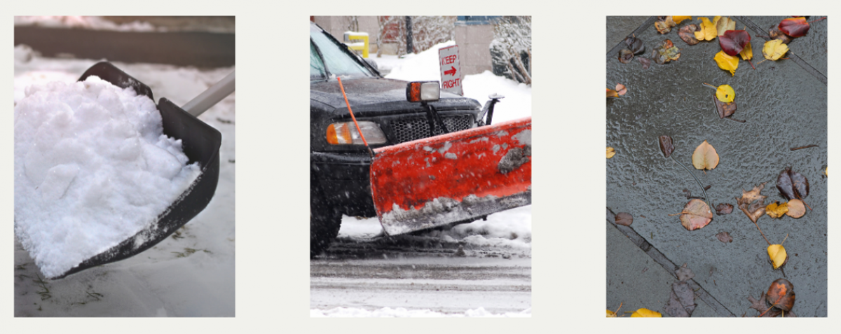 Snow shovel, snowplow, and leaves