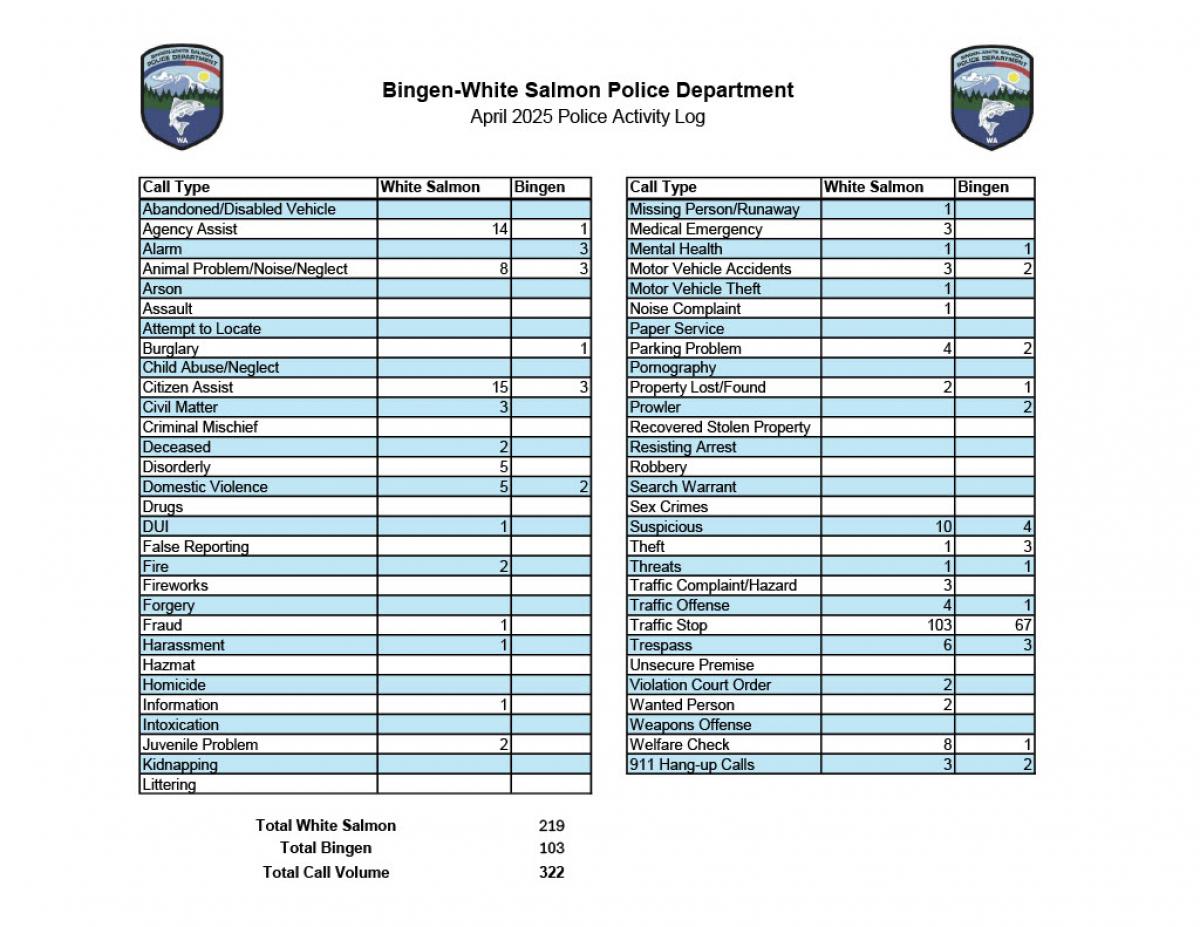 April 2025 Police Activity Log